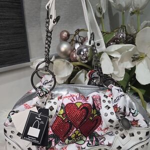 Ed Hardy y2k heart rhinestone tote bag